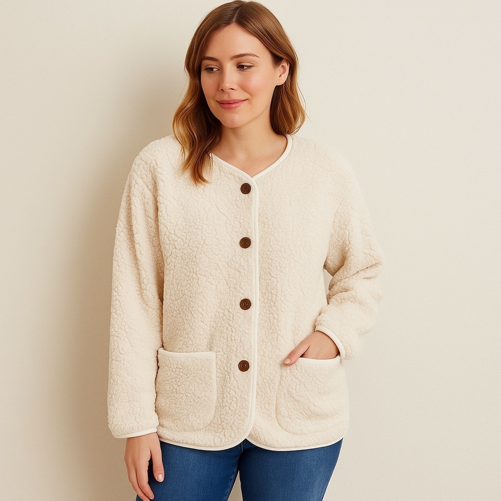Cuddl Duds Sherpa Fleece Button Front Jacket | Cream White | Women’s Large